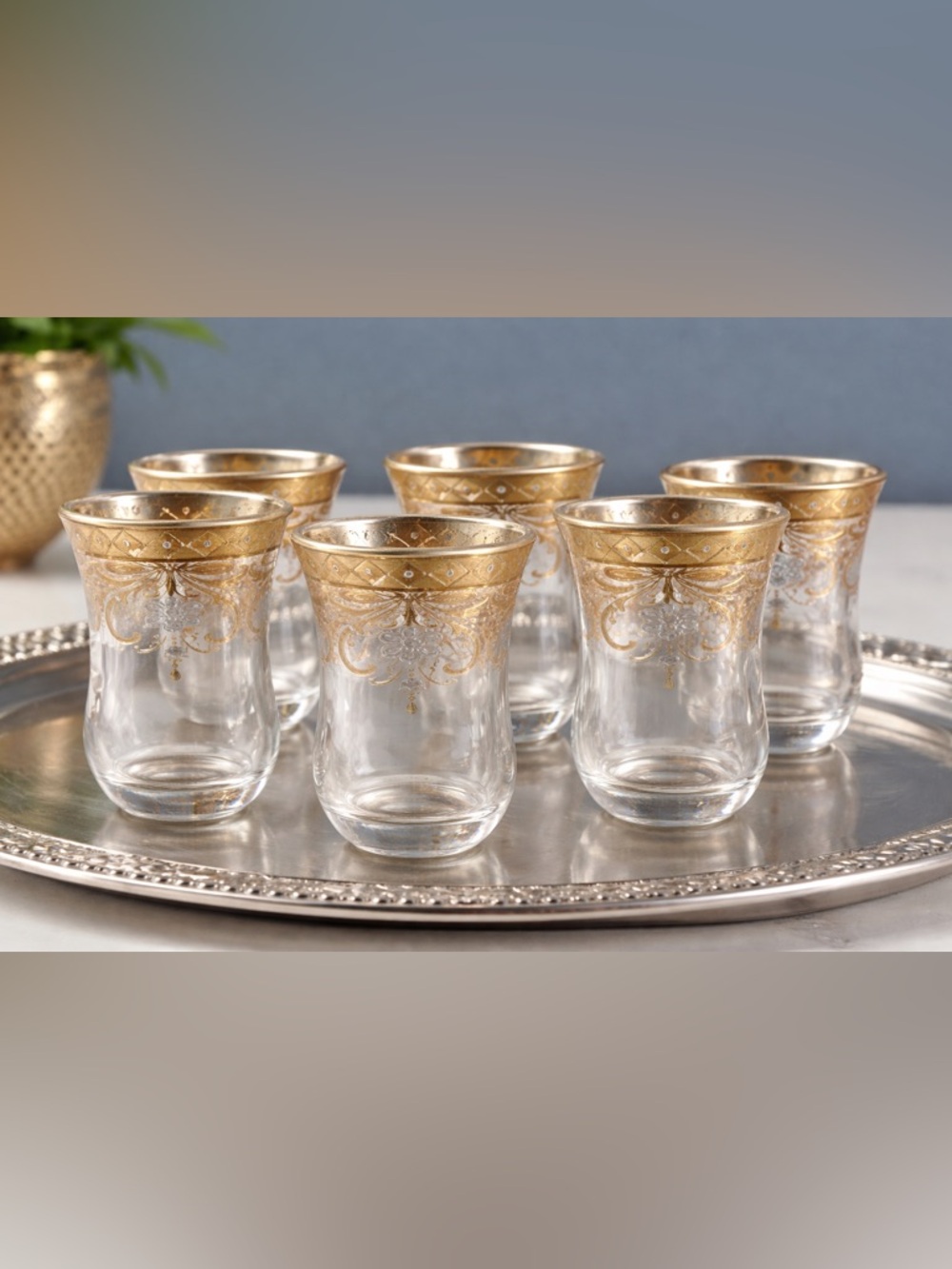 Set of 6 Small Tea Glasses with Gold Trim – 3” Height – New in Box